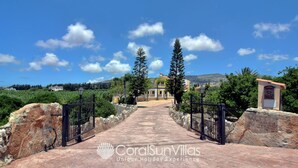 A pathway leading to a building with a stone wall on one side and a gate on the other. - Fabulous Villa In Coral Bay Near Beach, Amenities (Peyia)