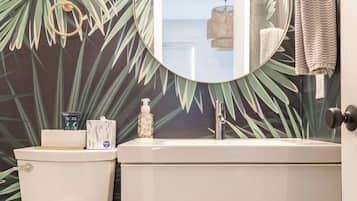A bathroom with a toilet, sink, and mirror.