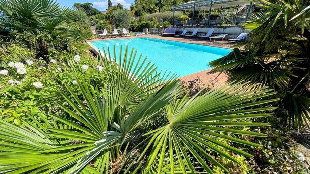 A swimming pool surrounded by lush greenery and white flowers, with lounge chairs and a covered seating area. - Apt 5 Aircon, Wifi, Infinity Pool, Jacuzzi, Gardens Incredible! Sleeps 4 (Spoleto)