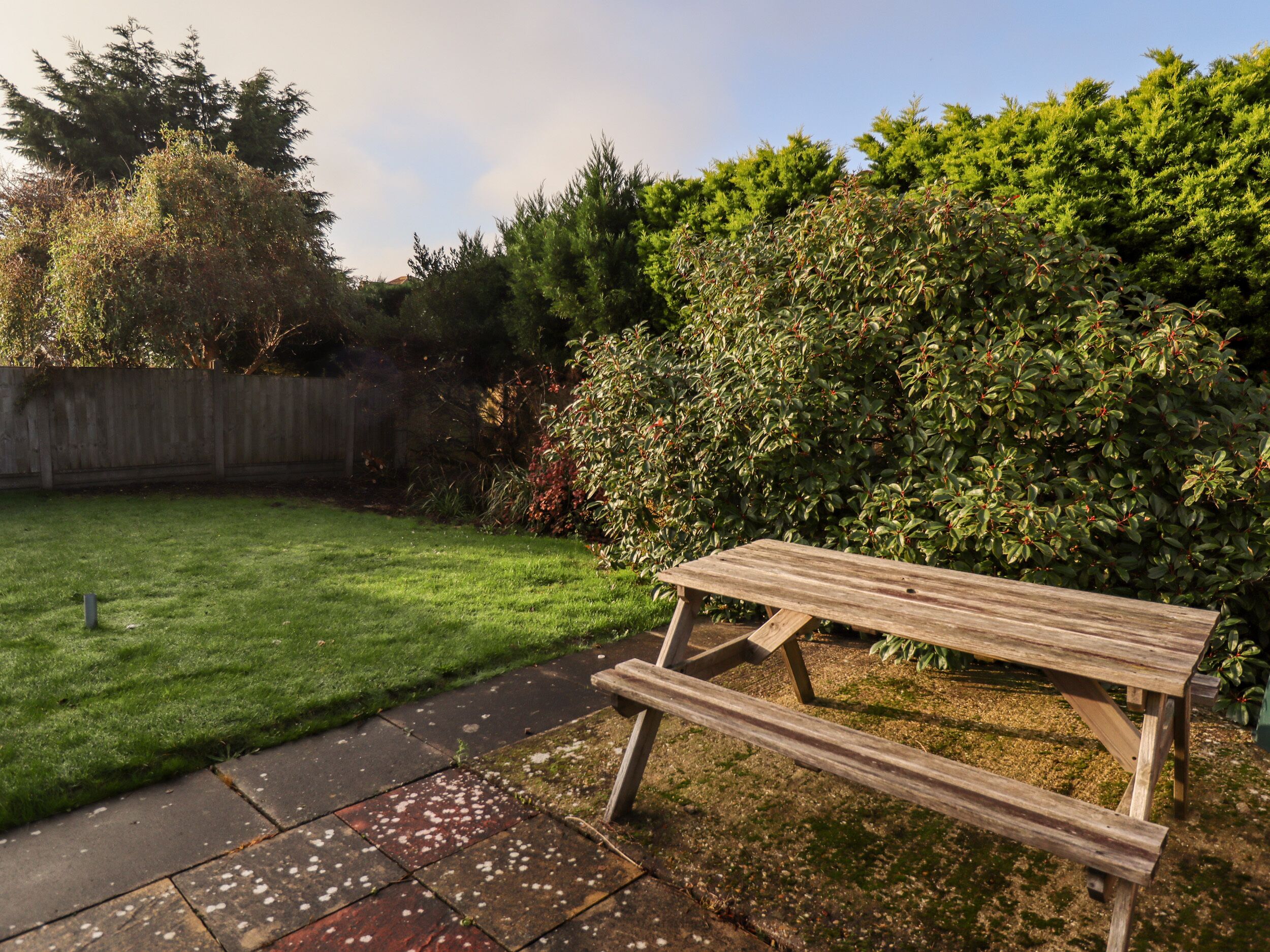 Une table de pique-nique en bois se trouve dans un jardin, avec une pelouse bien entretenue et une haie touffue.