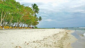 A beach with white sand, palm trees, and a row of yellow lounge chairs. - Las Brisas, Juan Dolio, 3br, 2 Pools, Jacuzzi, Beach, Golf, 7 Sleeps (Guayacanes)