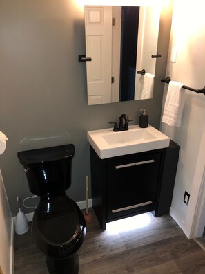 Hair dryer, towels, soap, shampoo