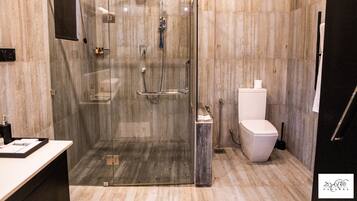 Shower, rainfall showerhead, hair dryer, slippers