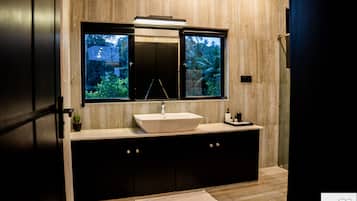 Shower, rainfall showerhead, hair dryer, slippers