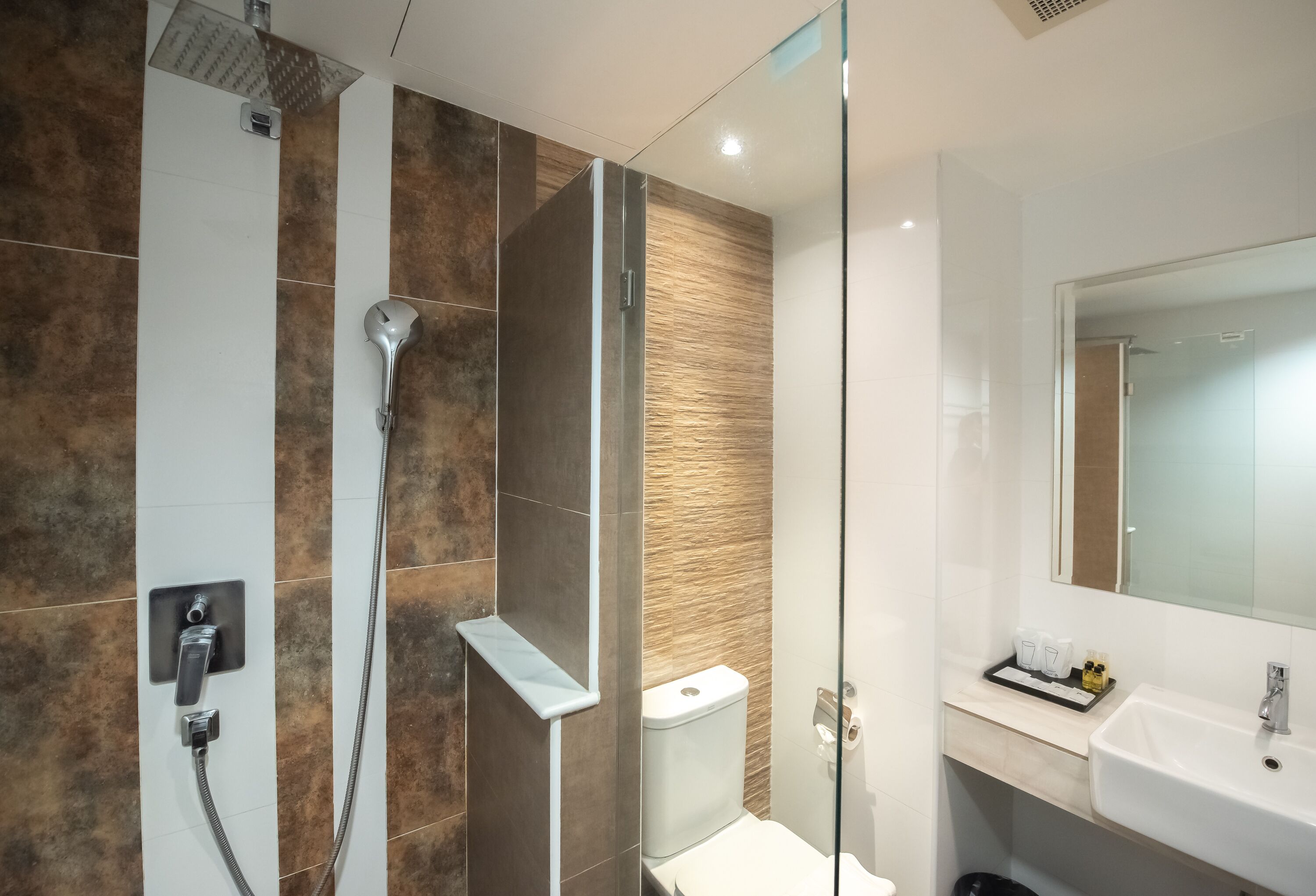 A modern bathroom with a glass shower enclosure, a white sink, and a mirror above it.
