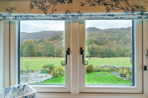 A window with a view of a green landscape and hills.