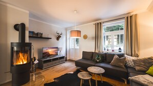 Ett mysigt vardagsrum med en vedkamin, en soffa, en tv och ett fönster med gardiner.