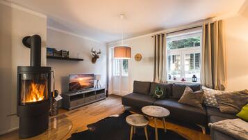 Fernseher, Kamin, Bücher, Stereoanlage