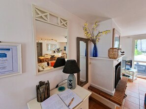 Télévision, cheminée, lecteur de DVD, livres