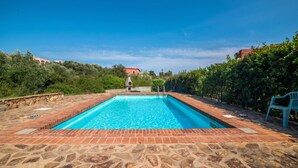 Una piscina rectangular con borde de piedra, rodeada de vegetación y un cielo azul despejado.