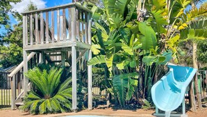A pool with a blue slide, surrounded by lush tropical plants and a wooden deck structure. - Alfie's Place - A period classic in central location (NULKABA)