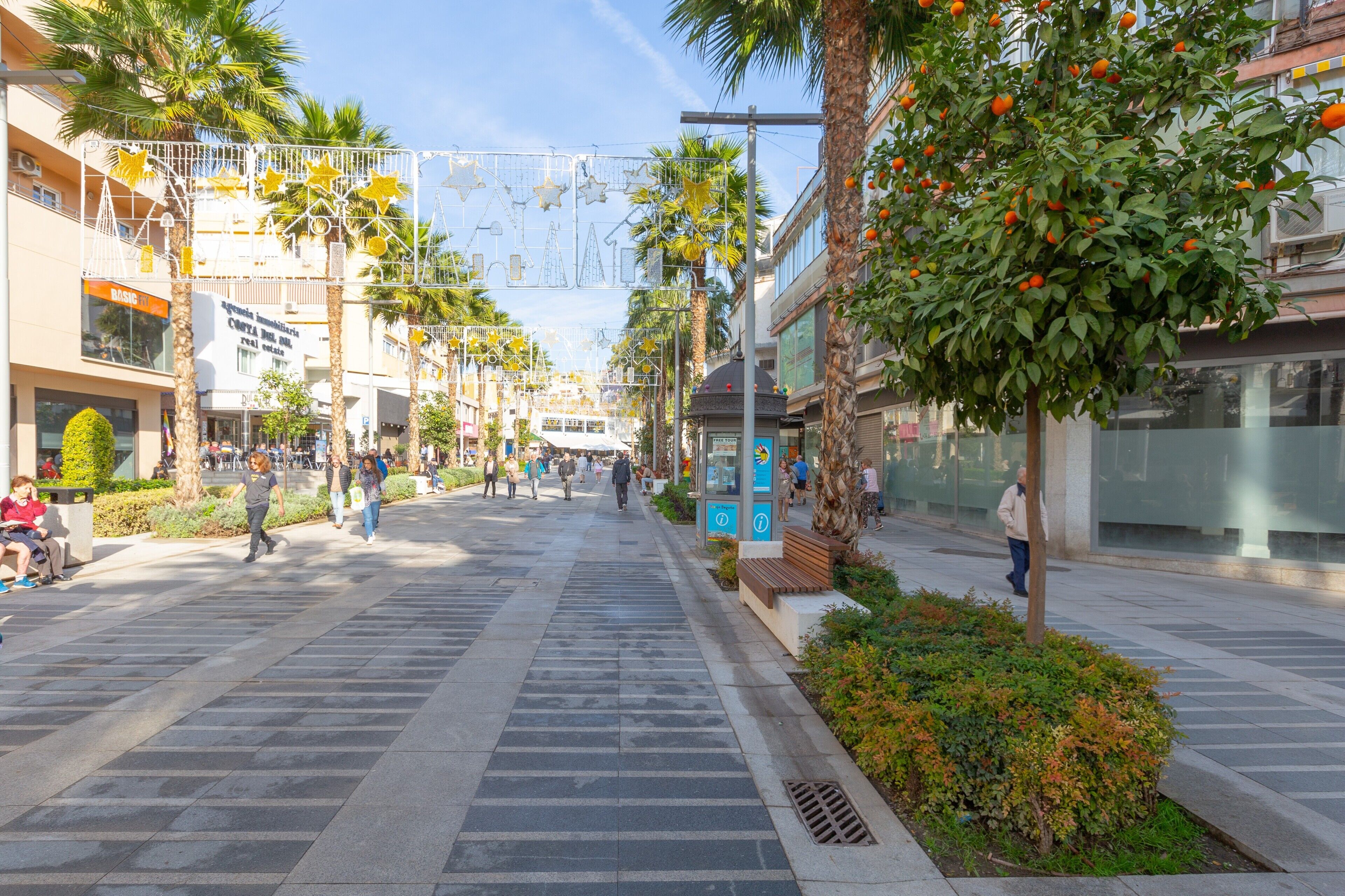A pedestrian street with shops, palm trees, and a clear sky.