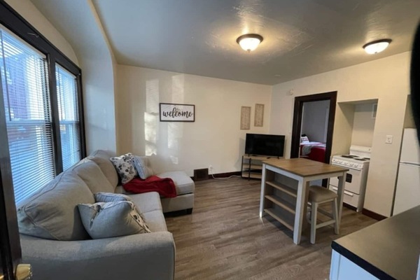 Living area with bedroom view