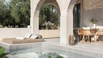 A poolside area with a seating arrangement, a table, and a potted plant.