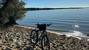 A bicycle parked on a sandy beach with a clear view of a calm lake and a tree on the left.
