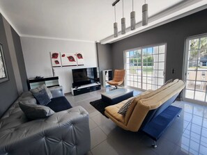 Smart TV, fireplace, ping pong