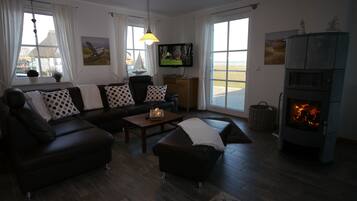 Fernseher, Kamin, DVD-Player, Bücher