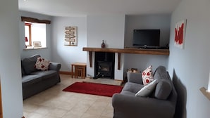 A living room with a fireplace, a television, and two sofas.