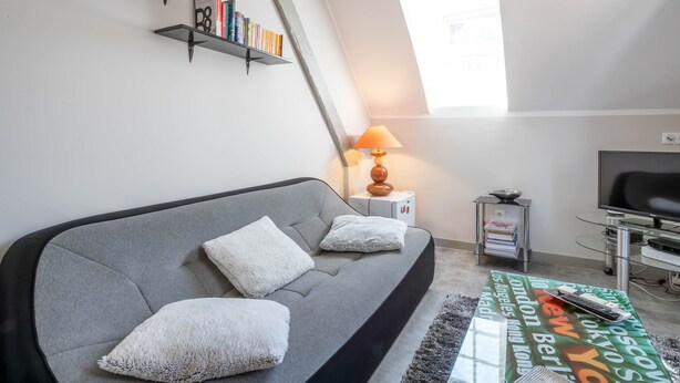 A modern living room with a grey sofa, a coffee table with a map, a TV, and a lamp. - BSH - Beaune Saint Etienne - Parking included (Beaune)