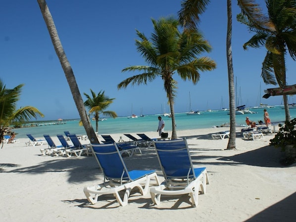 A beach with rows of blue and white lounge chairs, palm trees, and boats in the water.