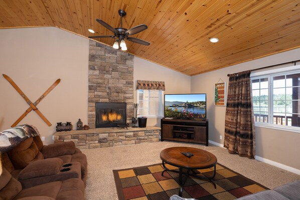 Télévision, cheminée, lecteur de DVD