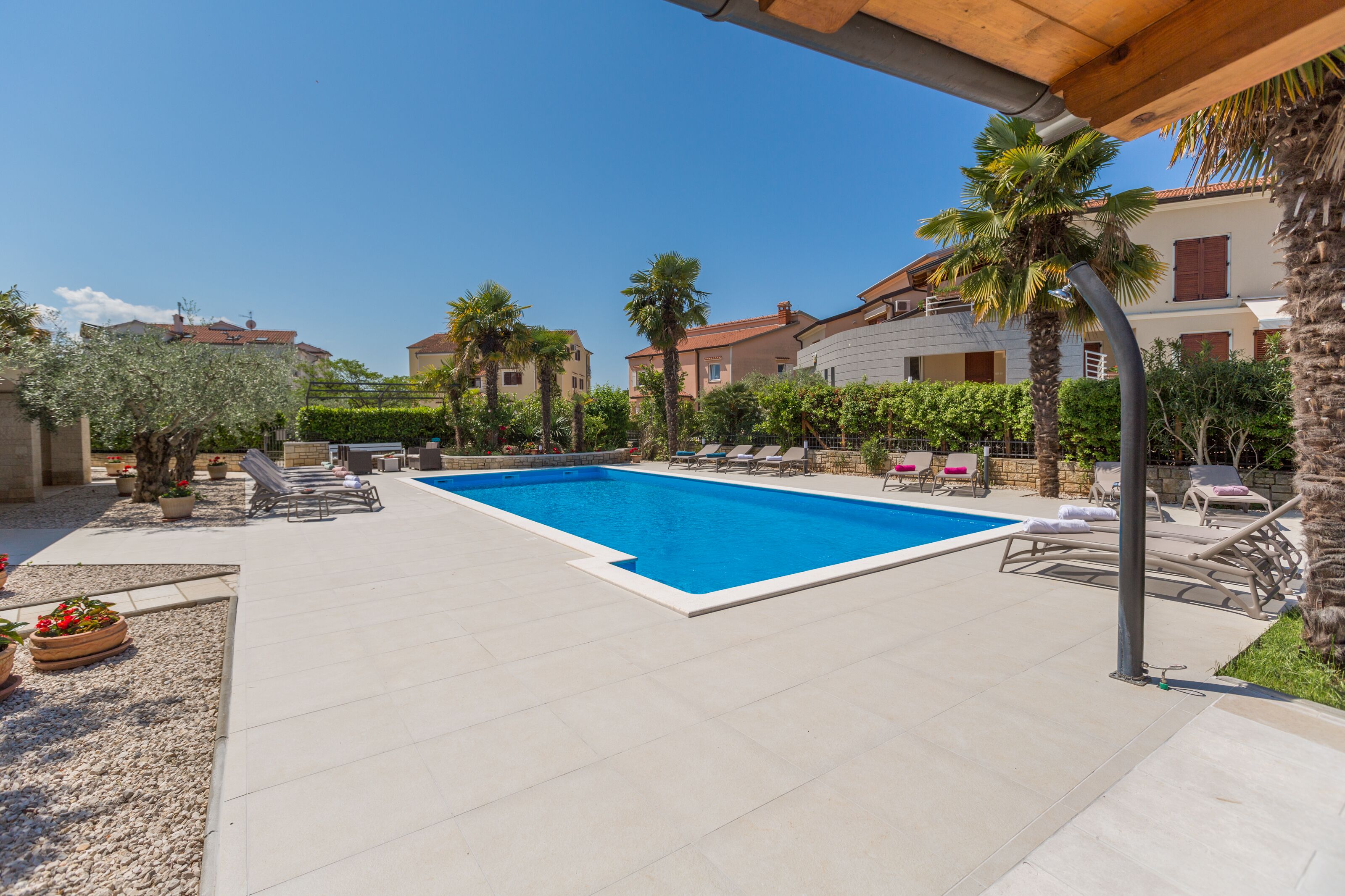 A swimming pool with lounge chairs and palm trees, surrounded by buildings.