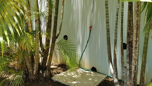 A small, enclosed garden area with palm trees, a concrete pathway, and a white wall. - 3-bedroom apartment with panoramic view of Anse à l'Ane bay, 2 steps from the beach (Les Trois-Îlets)