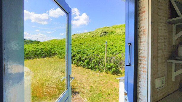 Vista attraverso una finestra con cornice metallica, su una zona erbosa e una collina vegetata.