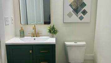 Regadera, secadora de cabello, toallas, jabón