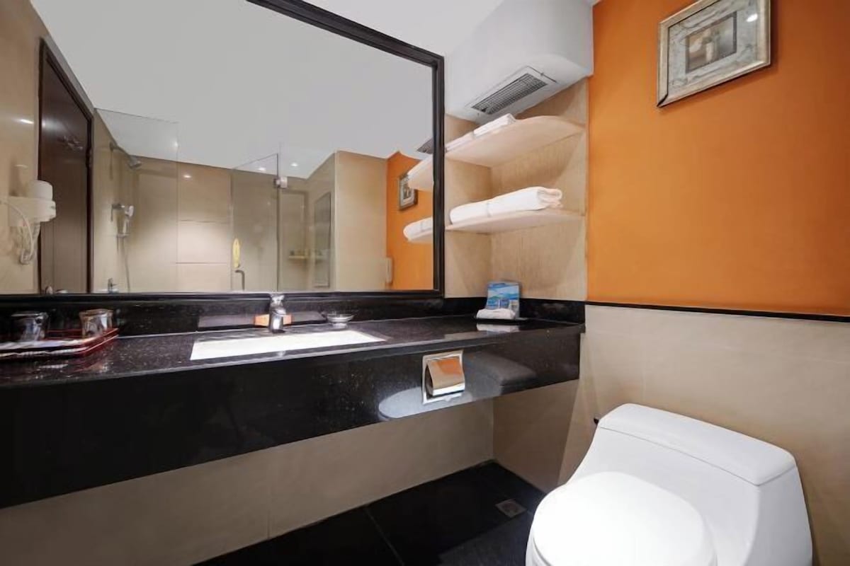 Ein modernes Badezimmer mit schwarzem Waschtisch, einem weißen Waschbecken, einem großen Spiegel und einer weißen Toilette.