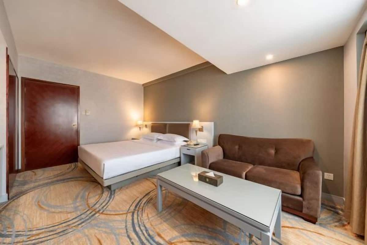 A hotel room with a bed, a sofa, a nightstand with a lamp, and a carpeted floor.