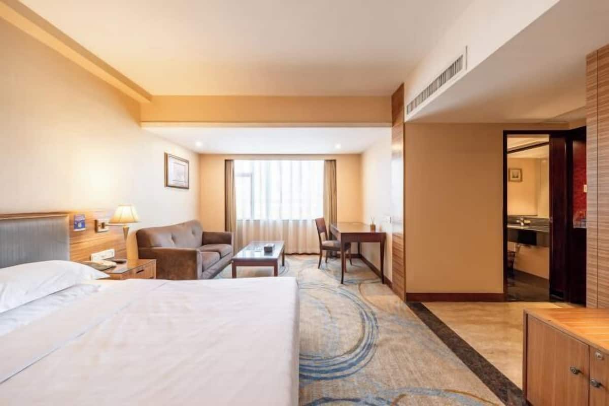 A hotel room with a bed, a sofa, a desk, and a dining table.