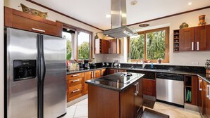 Cocina moderna con electrodomésticos de acero inoxidable, armarios de madera y un amplio ventanal con vistas a la vegetación.