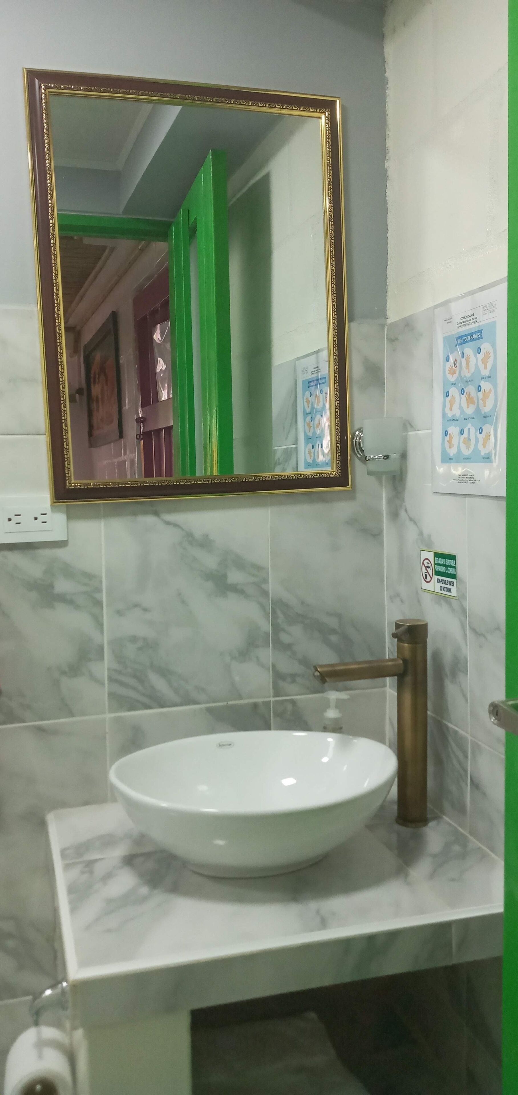 A bathroom with a white sink, a gold-framed mirror, and a green door.