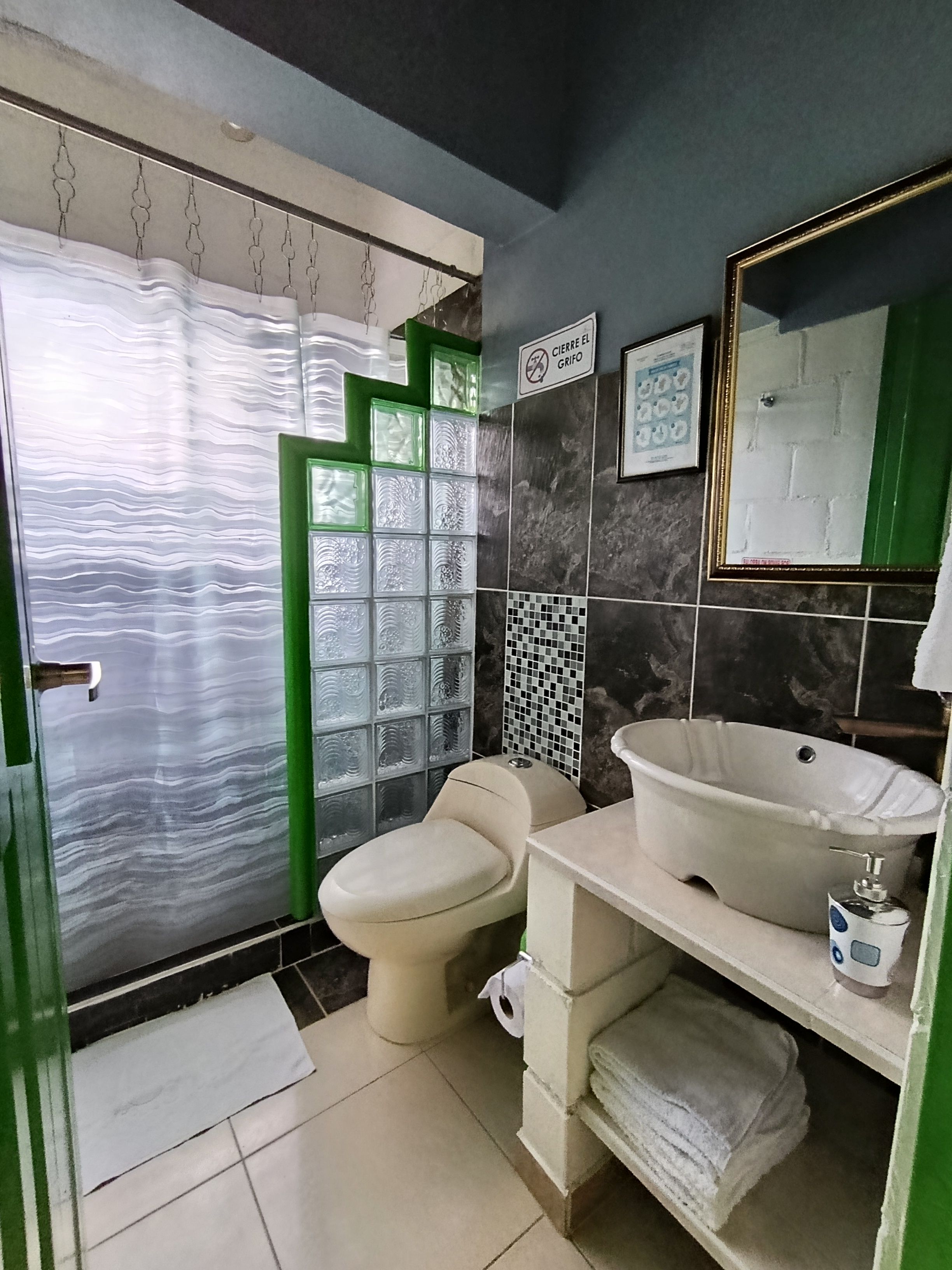 Un baño con inodoro, lavabo y zona de ducha.