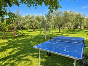 A ping pong table in a grassy outdoor area with a swing set and trees in the background. - Hacienda MATEA – an oasis of romance near the beaches, Pula (Pula)