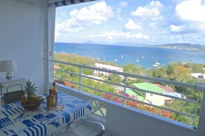 Outdoor dining - Large T1 with panoramic terrace overlooking the sea, swimming pool, close to beaches (Sainte-Anne)