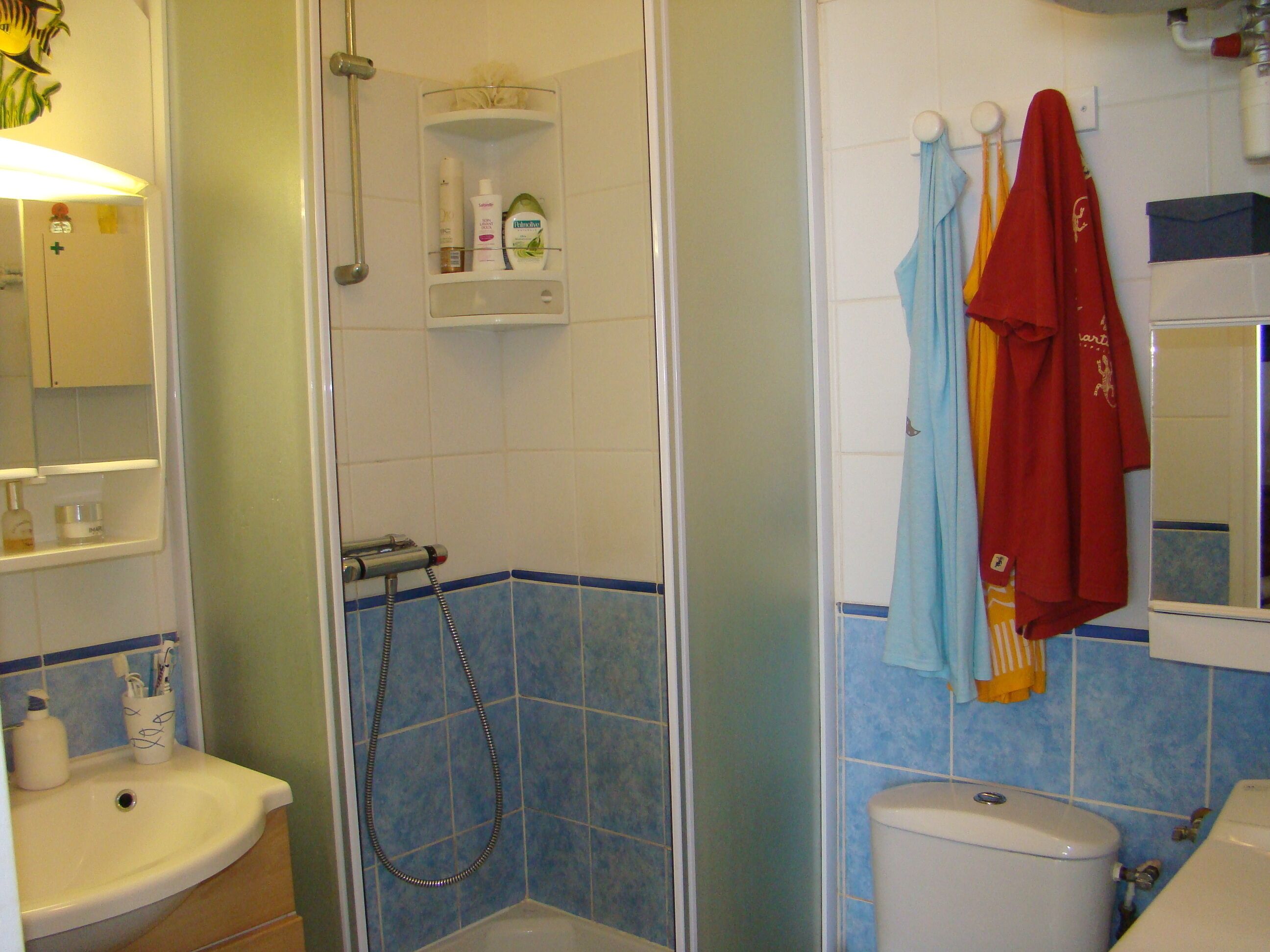 A bathroom with a shower, sink, and toilet.
