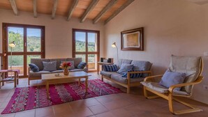 Amplia sala de estar con techo alto, ventanas grandes, un conjunto de sofá, una mesa de centro y una silla de madera.