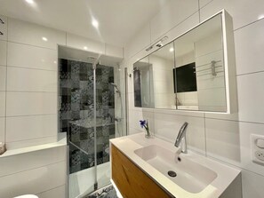 Shower, hair dryer, towels