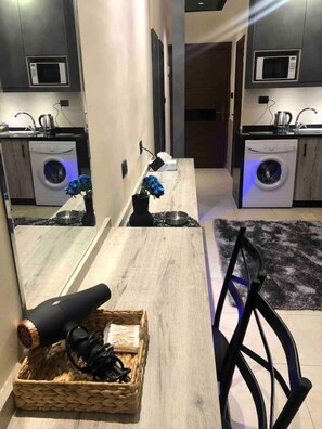 Fridge, microwave, stovetop, electric kettle