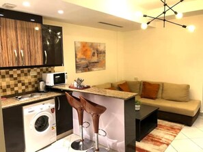 Fridge, microwave, stovetop, electric kettle