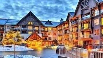Stunning lodge with a traditional facade, featuring a covered entrance and snow-covered grounds.