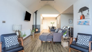 A modern living room with a fireplace, two sofas, a TV, and a dining area in the background.