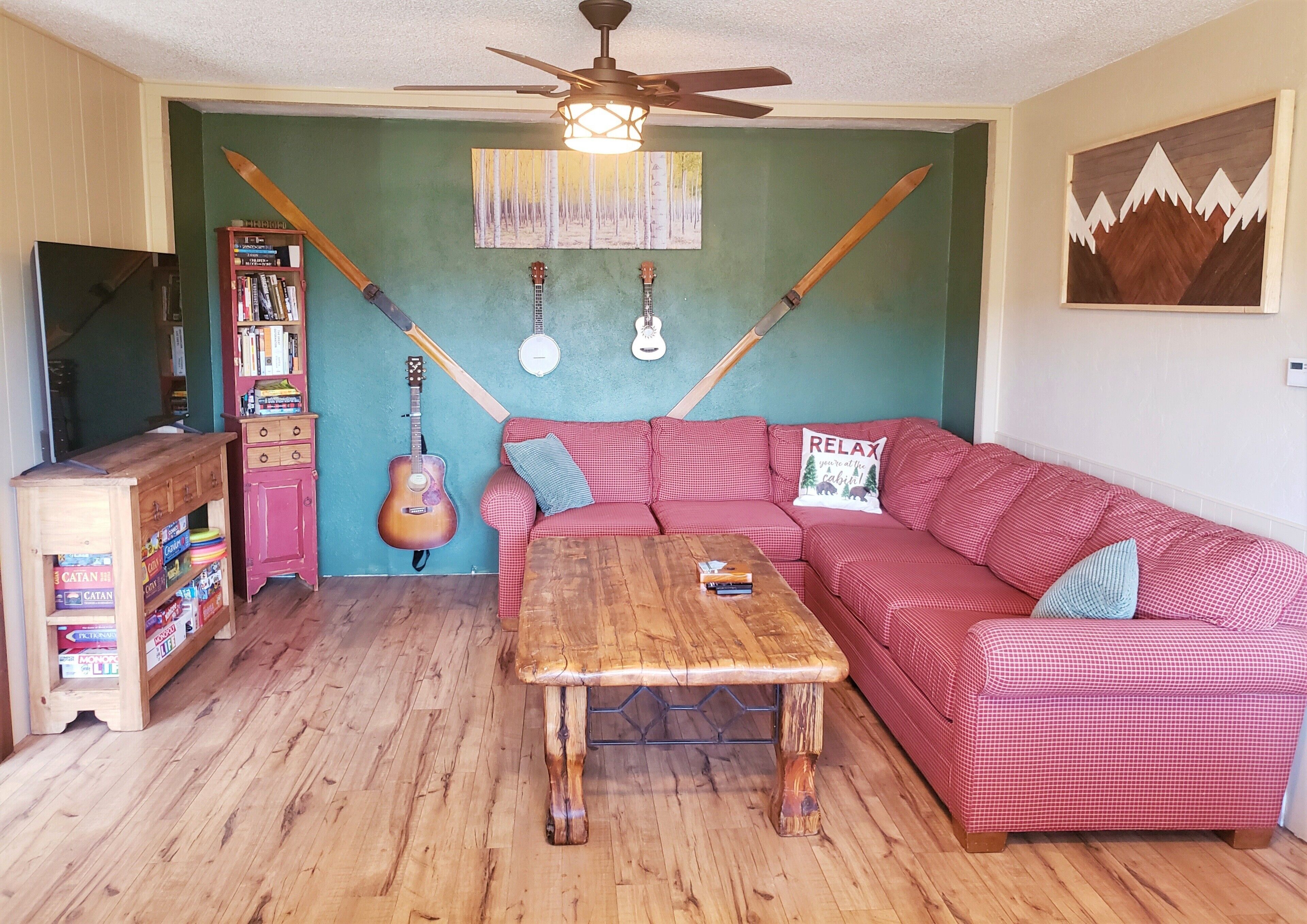 Televisie, een open haard en boeken