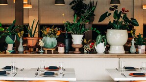 A restaurant with wooden tables and chairs, a counter with potted plants, and pendant lighting.