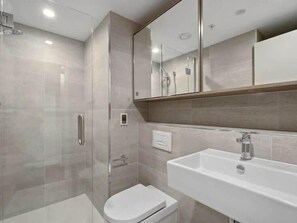 Shower, hair dryer, towels