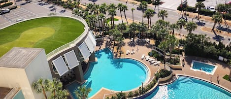 A heated pool, sun loungers