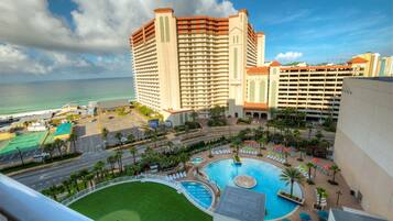 A heated pool, sun loungers