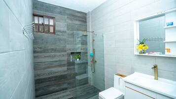 Shower, hair dryer, towels, shampoo